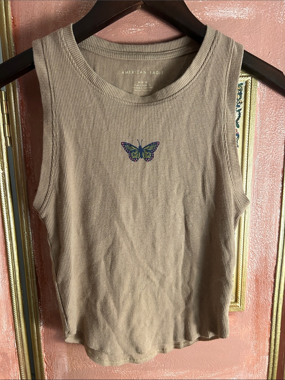 American Eagle Outfitters Women's Tan Ribbed Butterfly Tank Top